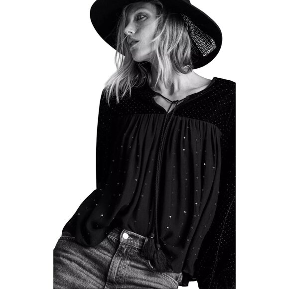 2/$30 Zara Black M Velvet  Sheer Long Sleeve Embellished Blouse Neck Tie - Picture 1 of 13